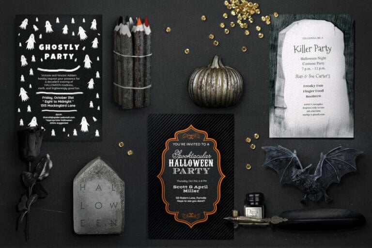 Cover for blog post '15 Best Tips for Hosting an Adult Halloween Party': Three Halloween invitations arranged on a sleek black table, surrounded by spooky elements like tombstones and a black pumpkin in an eye-catching flat lay composition.