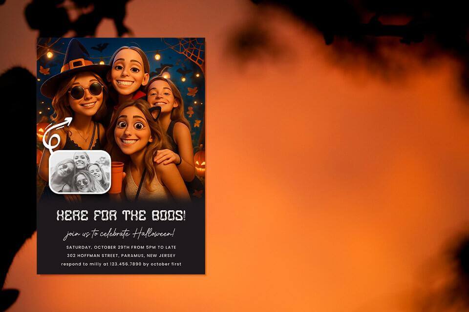 here-for-the-boos-halloween-party-invite-magic-photo (1) Halloween party invitation showing a smiling group of friends in playful costumes with warm orange lighting, pumpkins, bats, and a small inset photo of the real friends.