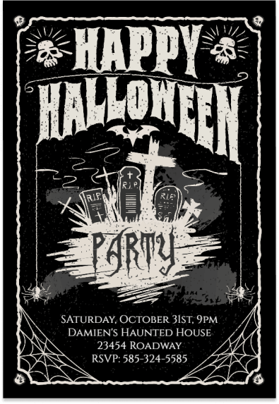 Halloween party invitation in black with eerie white text, adorned with chilling cross illustrations for a spooktacular celebration.