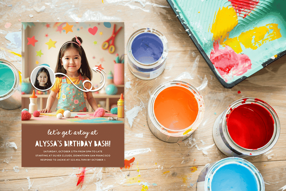 1 artsey-birthday-invite-kids-magic-photo-ai (1) (2) Colorful arts-and-crafts birthday invitation featuring a young girl in an apron at a craft table, placed beside open jars of bright paint, paint trays, and scattered art supplies for a creative kids’ birthday party theme.