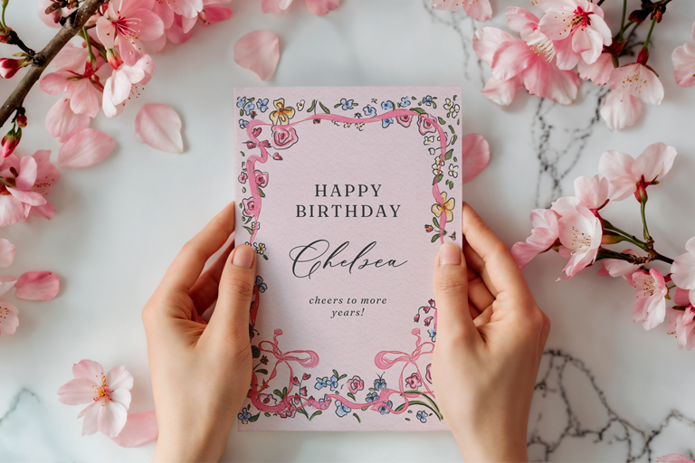 Hands holding a pastel floral birthday card that reads “Happy Birthday Chelsea, cheers to more years!” surrounded by pink cherry blossoms on a light marble background.