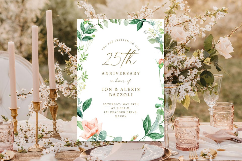 25th-anniversary-roses-invite Elegant 25th anniversary invitation with floral greenery and soft peach roses, displayed on a beautifully set table with candles, glassware, and delicate decor.