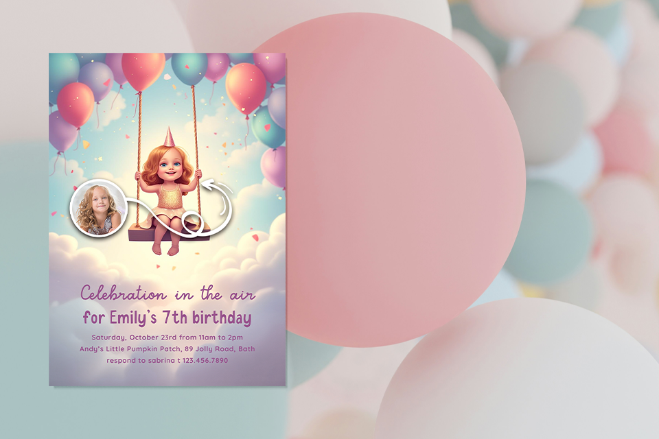 balloon-design-birthday-invite-kids-magic-photo Whimsical kids’ birthday invitation featuring a smiling girl on a swing floating among pastel balloons in the sky, with soft clouds, confetti accents, and playful text celebrating a 7th birthday.