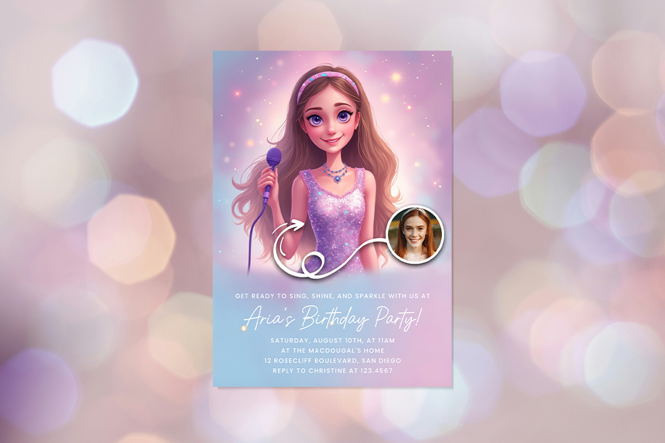 birthday-era-invite-magic-photo-ai Illustrated birthday invitation featuring a sparkly pop-star girl holding a microphone, styled in soft pastel pinks and purples, with a small circular real-photo inset of the child and glowing bokeh lights in the background.