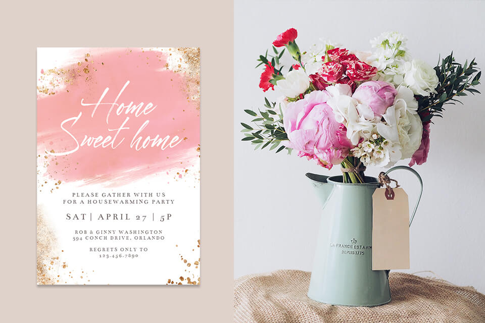 pink and gold invitation, rustic flowers