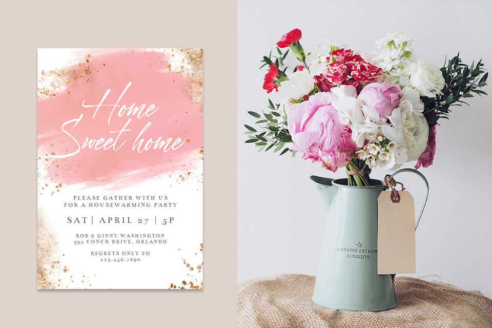 pink and gold invitation with text Home sweet home, rustic flowers on vase on the other side