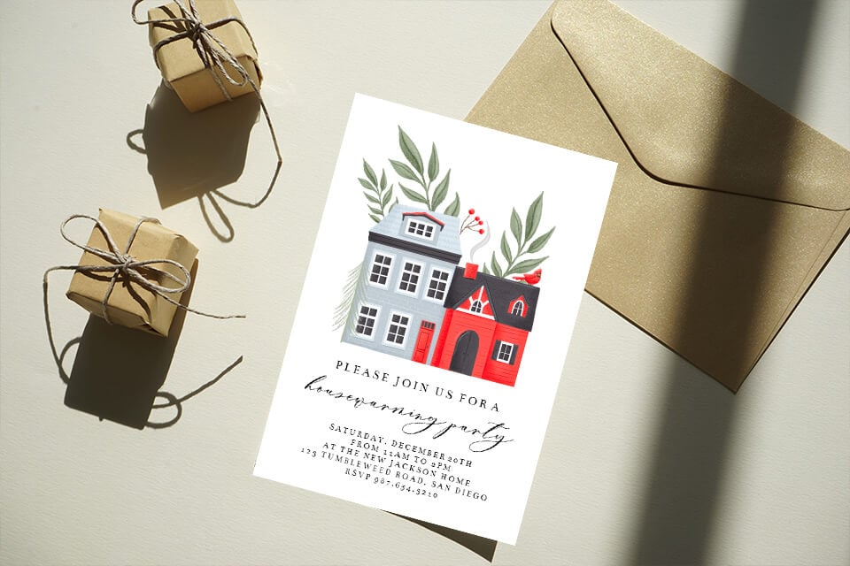 Housewarming party invitation and envelope, invitation features illustration of a house