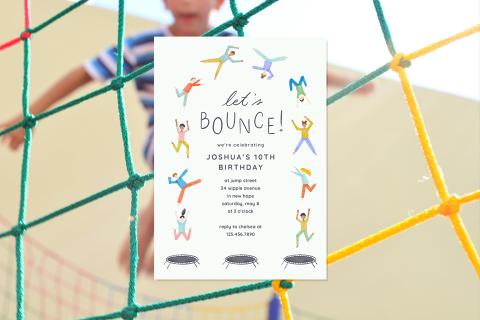 bounce-trampoline-birthday-invite-boy-magic-photo Trampoline-themed kids’ birthday invitation reading “Let’s Bounce!” shown against a colorful safety net background, featuring playful illustrated children jumping, a clean white layout, and details for a tenth birthday celebration at a trampoline park.