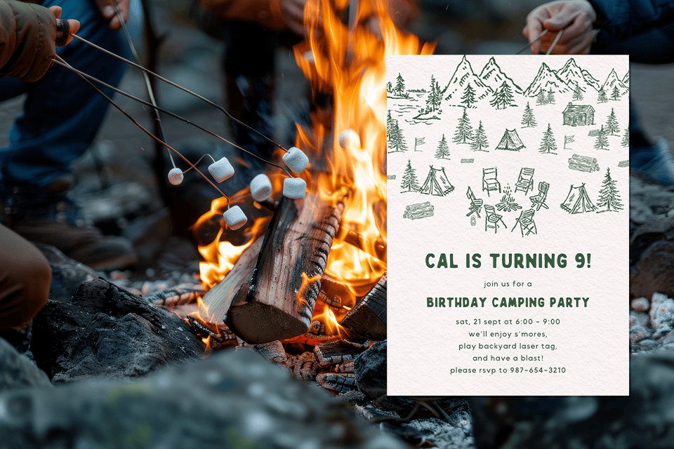 camping-birthday-boy-invite (1) Camping-themed kids birthday invitation featuring marshmallows roasting over a campfire at dusk, paired with a hand-drawn forest and tent illustration, inviting guests to a ninth birthday camping party with s’mores and outdoor fun.