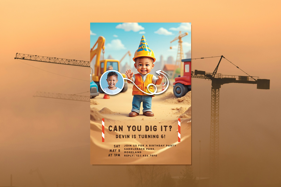 construction-boy-birthday-invite-magic-photo-ai Construction-themed kids birthday invitation featuring a smiling toddler wearing a party hat and safety vest, standing at a playful construction site with cranes and trucks in the background, personalized with a child’s photo and details for a sixth birthday celebration.