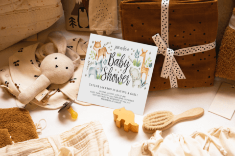Adorable baby shower invitation showcasing safari animal illustrations - giraffe, hippo, elephant, and fox - amidst lush foliage. Close by, a beautifully wrapped gift includes a baby rattle, hairbrush, and pacifier. Cover for '15 Easy and Fun Gender-Neutral Baby Shower Themes'