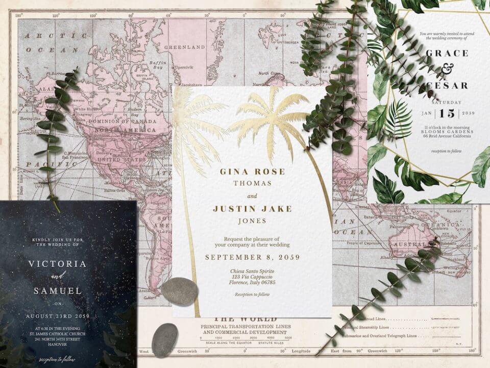 Destination Wedding Invitation Designs: Three Unique Invites on a World Map. Adorned with Plant Branches - designs on invites; Starry Sky, Golden Palms, and Lush Tropical Leaves.