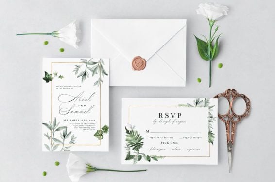 Budget-Friendly Wedding Invitation Inspiration: Greenery and Gold Frame Design. Flatlay with Stationery, Envelope, Scissors, White Flowers on Marble. Blog Post: 'How to Save Money Planning Your Dream Wedding: Top 16 Tips'