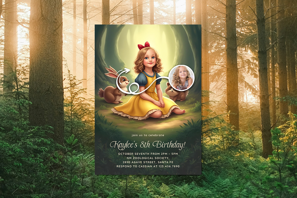 enchanted-forest-birthday-invite-magic-photo-ai Enchanted forest–themed birthday invitation featuring a storybook-style illustration of a young girl in a yellow dress sitting in a glowing woodland clearing with forest animals, paired with a child’s photo inset, creating a whimsical, fairytale birthday design.