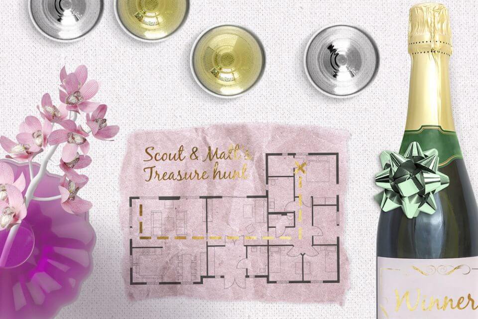 Treasure house hunt map and champagne bottle and glasses