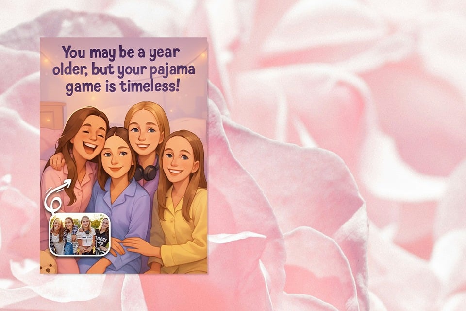 friend-birthday-card-pyjama-game-magic-photo-ai (1) Illustrated birthday card showing four smiling friends in pajamas with the message “You may be a year older, but your pajama game is timeless!” and a small circular photo inset of the real friends.
