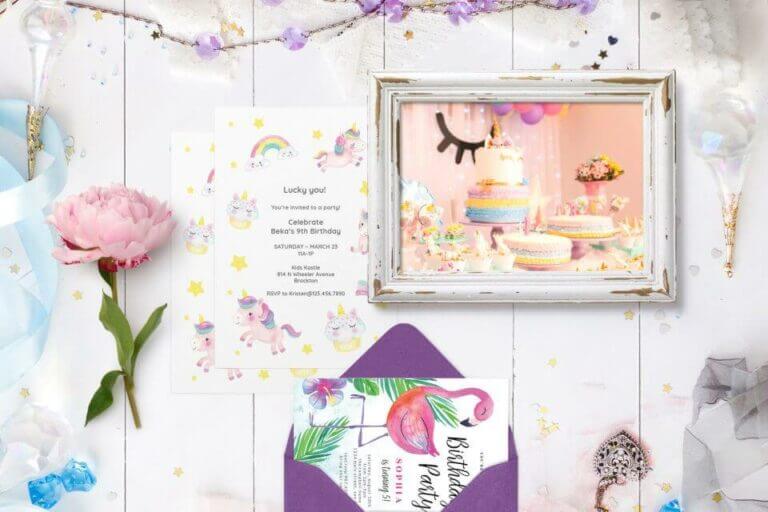 Flat lay arrangement featuring birthday invitations, a decorative photo frame, a delicate light pink rose, all set against a rustic wooden background. Cover for '15 Exciting Birthday Party Themes Every Girl Will Love'