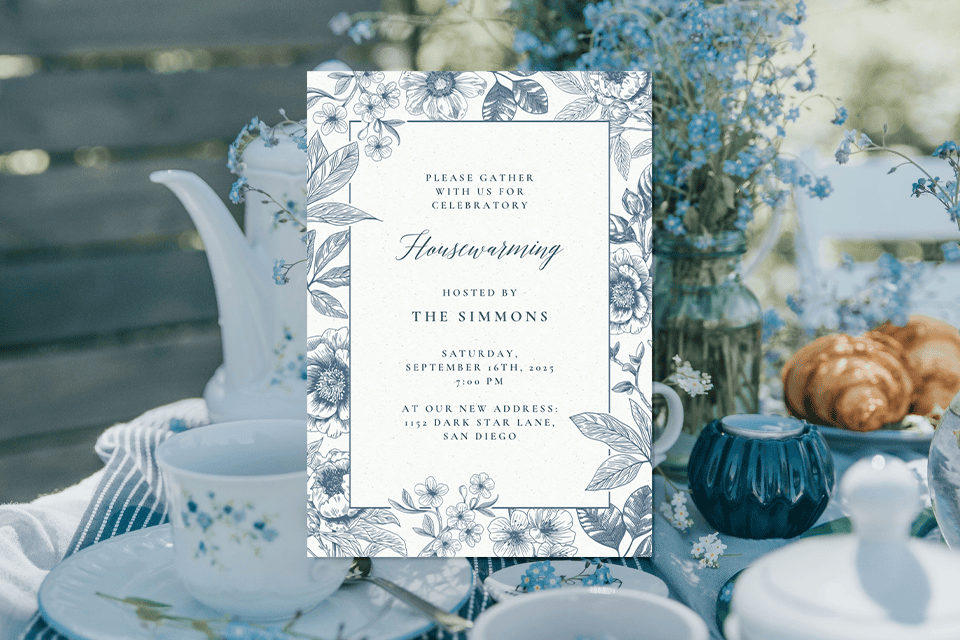housewarming-floral-invite (1) Elegant blue floral housewarming invitation displayed on a styled table with white teacups, glass vases, and soft blue flowers, featuring a classic botanical border and formal housewarming details.