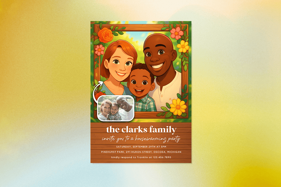 housewarming-invite-family-magic-photo (1) Illustrated family housewarming invitation featuring a smiling couple and child framed by flowers and greenery, with a wooden sign–style layout, warm earthy colors, and a small real family photo inset alongside the party details.
