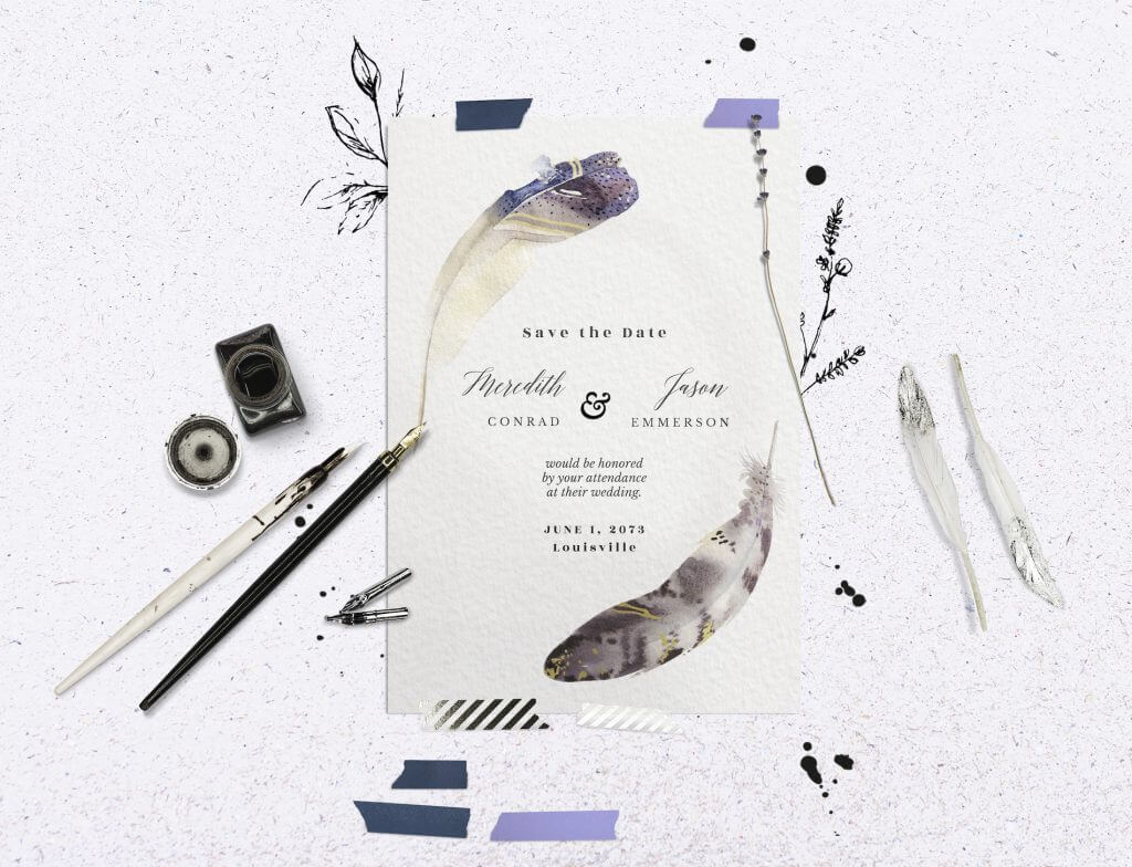 Boho Feathers Wedding Invitation: Colorful Feather Design on Concrete Surface, Near Ink, Pen, and Feathers.