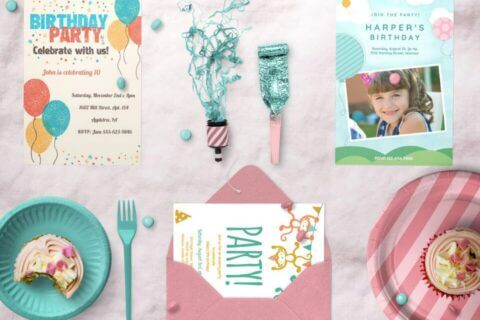 Charming Kids' Birthday Party Decorations: Flatlay of Invitations, Cake Plates, and Pink Tablecloth