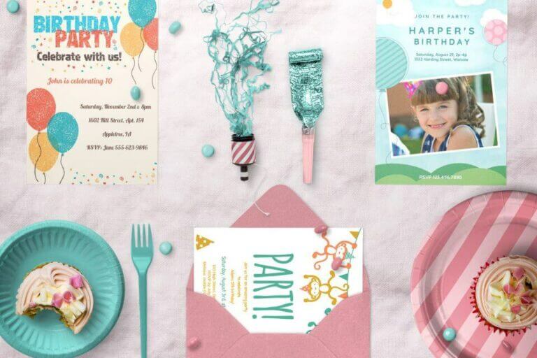 Charming Kids' Birthday Party Decorations: Flatlay of Invitations, Cake Plates, and Pink Tablecloth