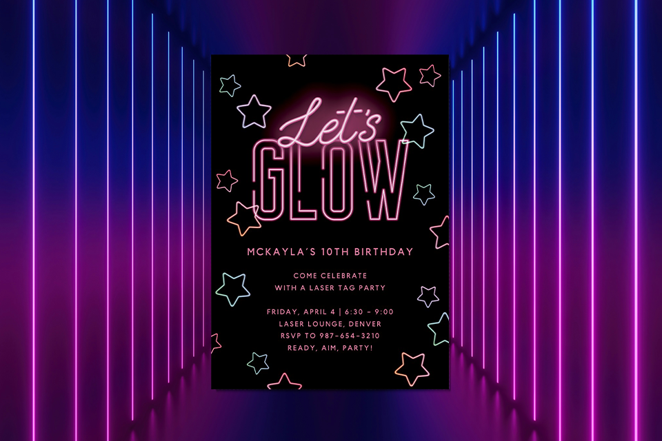 let's-glow-girl-birthday-party-neon-invite Neon-themed kids’ birthday invitation with glowing pink and purple lights, star outlines, and bold “Let’s Glow” text, designed for a laser tag birthday party celebration.