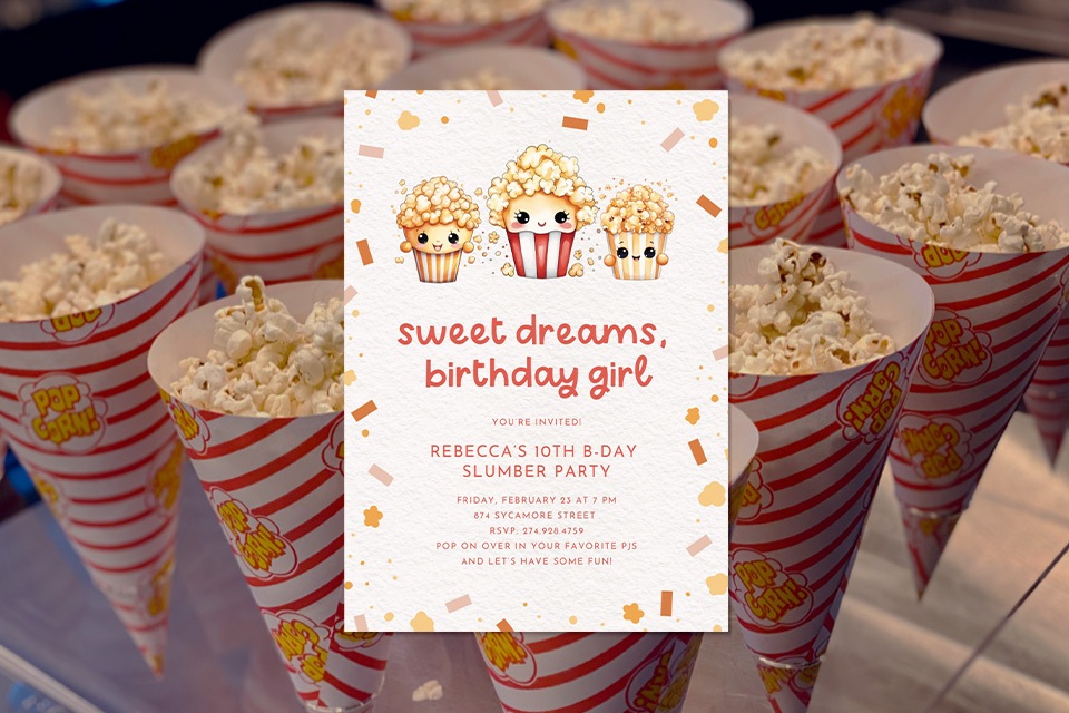 movie-night-sleepover-slumber-party-girl-birthday-invite Rows of striped popcorn cups filled with freshly popped popcorn, styled as a movie-night snack display, with a sweet dreams slumber party birthday invitation centered on top—perfect for a cozy girls’ sleepover celebration.