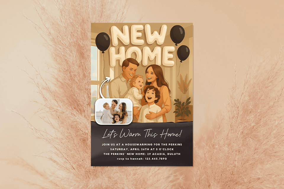 new-home-housewarming-invite-family-magic-photo-ai (1) Modern housewarming invitation featuring an illustrated family in their new home with “New Home” balloon lettering, black balloons, and a warm neutral color palette, paired with a real family photo inset and housewarming party details.