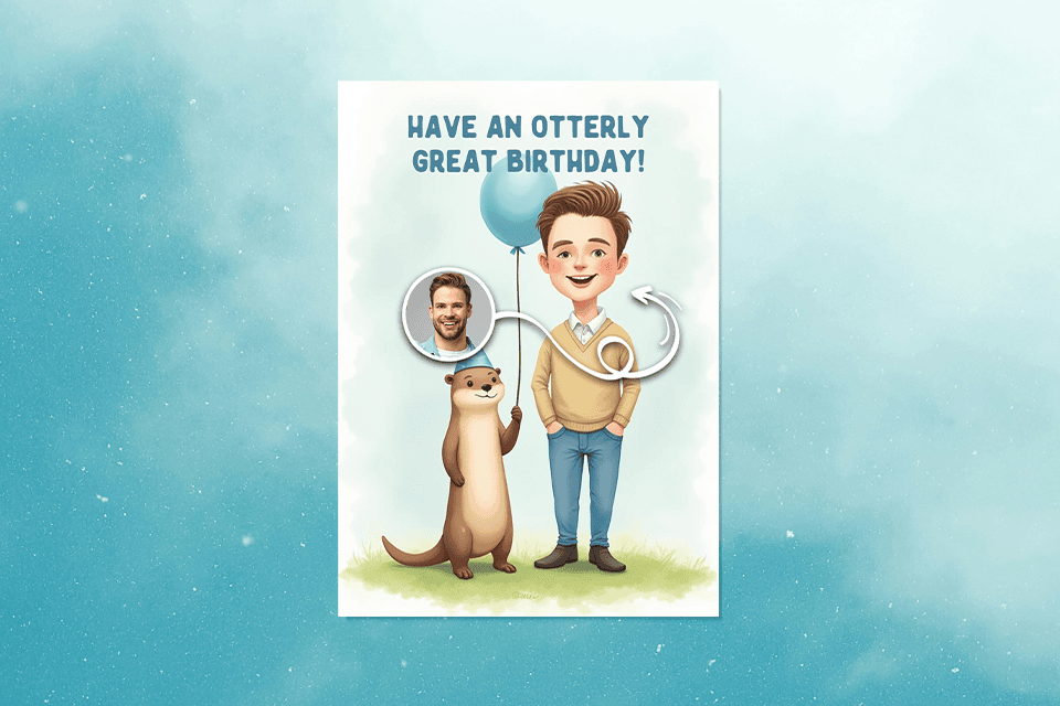 otterly-great-birthday-card-magic-photo-ai (1) Whimsical birthday card reading “Have an otterly great birthday!” featuring a cartoon-style illustration of a smiling man holding a blue balloon beside a friendly otter, with a small circular photo inset showing the recipient, set against a soft blue background.