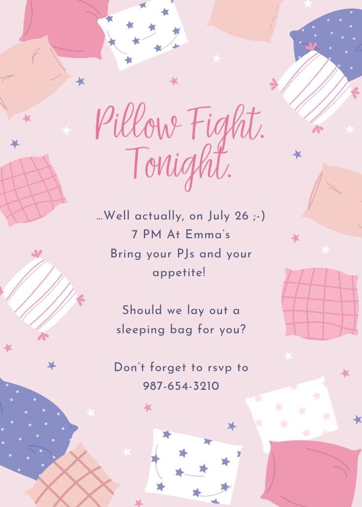Cute illustrated sleepover invitation with pastel pillows scattered on a pink background and playful text announcing a ‘Pillow Fight Tonight,’ creating a fun, cozy slumber party vibe.