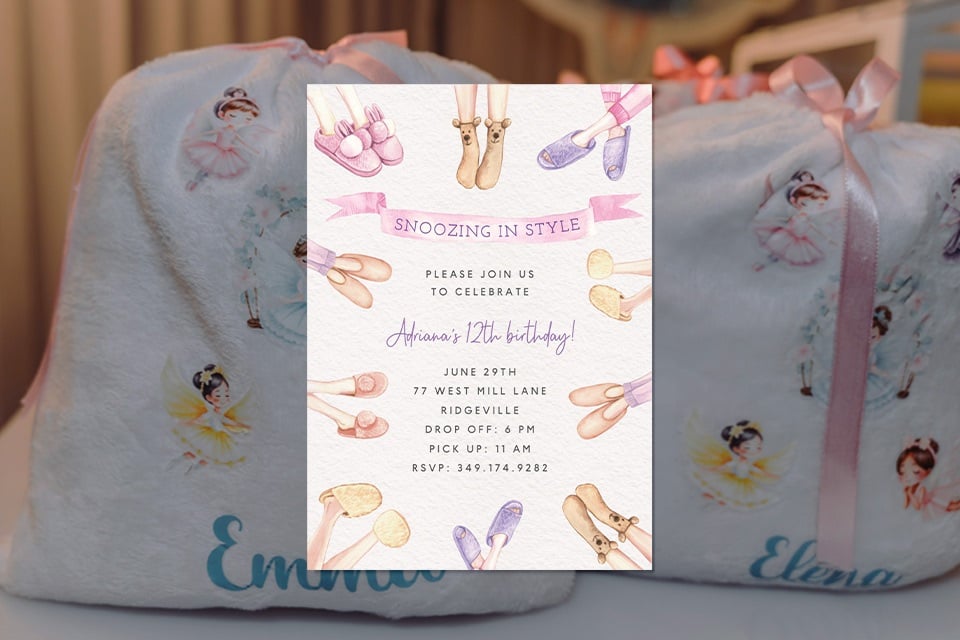 sleepover-party-birthday-invite-gifts (1) Sleepover birthday party invitation titled “Snoozing in Style,” featuring watercolor illustrations of cozy slippers and ballet flats, photographed in front of soft plush sleepover gift bags with pink ribbons and ballerina illustrations.