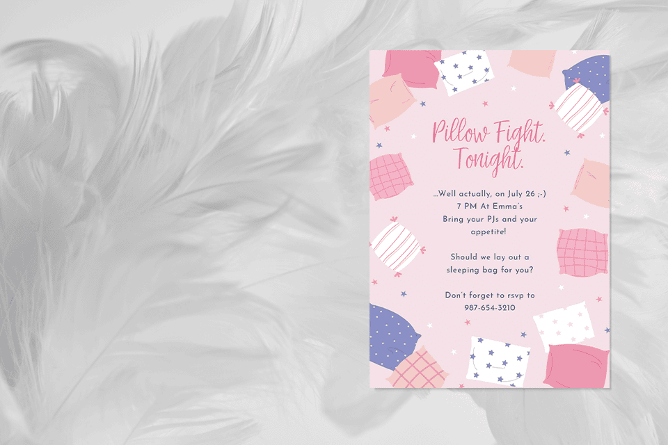 slumber-party-invite-pillows-pajama-party Pink slumber party invitation with illustrated pillows and stars, featuring playful typography that reads “Pillow Fight. Tonight.” and details for a pajama party, set against a soft white feather background.