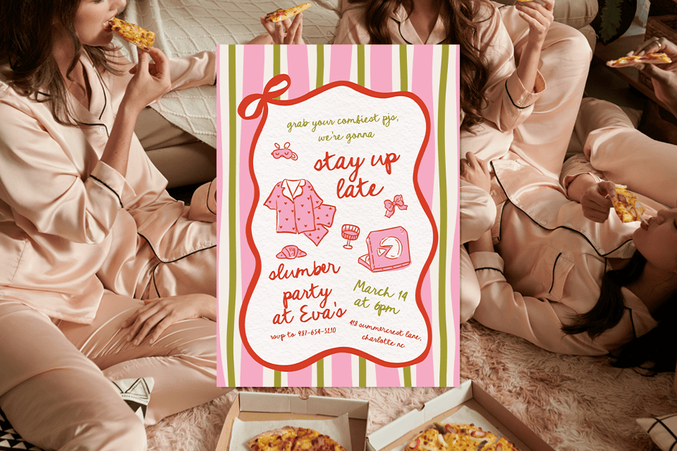 slumber-party-invite-sundae-ice-cream (1) Playful slumber party invitation overlaid on a cozy scene of friends in matching satin pajamas eating pizza on the floor, featuring pink and green stripes, hand-drawn pajama illustrations, and fun lettering inviting guests to stay up late.