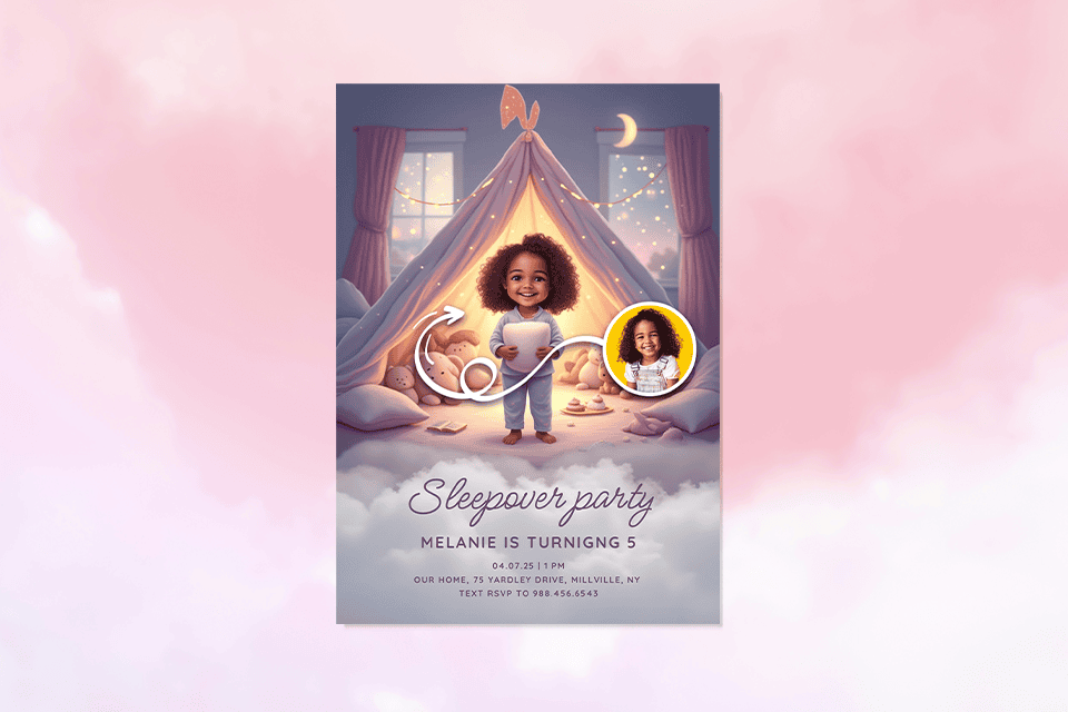 slumber-party-invite-tent-magic-photo-ai (1) Whimsical sleepover party invitation featuring a smiling young girl standing in a cozy indoor tent with soft pillows, fairy lights, and plush toys, styled in a dreamy pastel illustration with a small circular photo inset of the child, celebrating a child’s birthday sleepover.