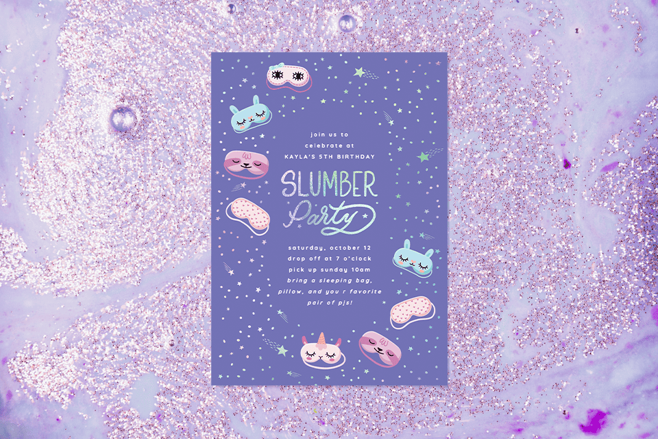 slumber-party-slime-invite (1) Purple slumber party invitation with cute illustrated sleep masks, stars, and confetti on a dreamy night-sky background, surrounded by a sparkly lavender and glitter-textured backdrop, creating a playful and magical birthday sleepover theme.