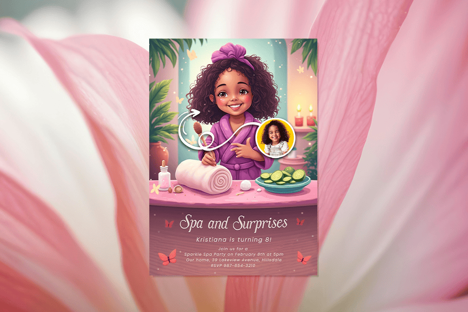 spa-and-suprises-birthday-invite-girl-magic-photo-ai (1) Spa-themed kids’ birthday invitation featuring a smiling cartoon girl at a spa table with towels, candles, and cucumber slices, personalized with a child’s photo for a pampering birthday party celebration.
