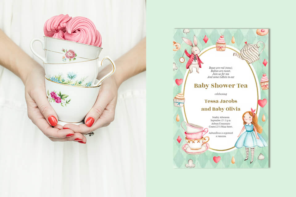 Gender-Neutral Baby Shower Themes: An Enchanting Tea Party Inspired by Alice in Wonderland. Invitations feature whimsical illustrations from the classic tale. On the reverse side, a charming image of three stacked tea cups held by a person.