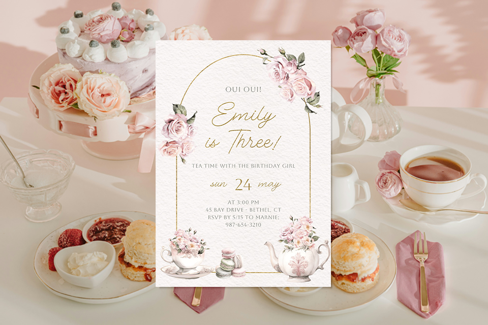 tea-party-birthday-invite Tea party–themed birthday invitation for a three-year-old, featuring soft blush florals, teacups, and macarons, styled on an elegant pastel table with cake, scones, and roses for a charming, vintage celebration.