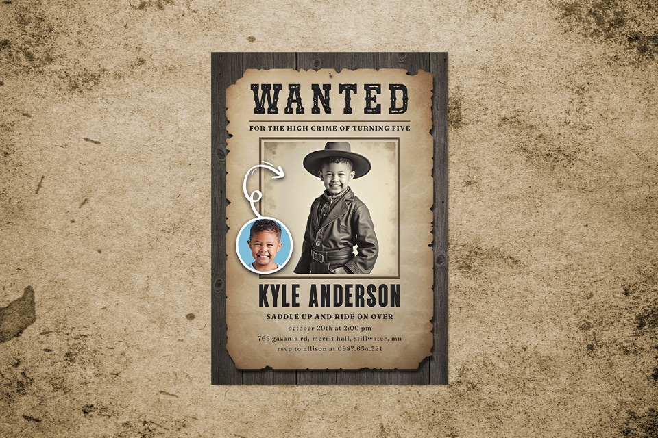 wanted-cowboy-wild-west-magic-photo-birthday-invite Wild West–themed kids’ birthday invitation styled like an old “Wanted” poster, featuring a sepia-toned cowboy portrait, rustic wood and parchment textures, bold Western typography, and details for a fifth birthday celebration