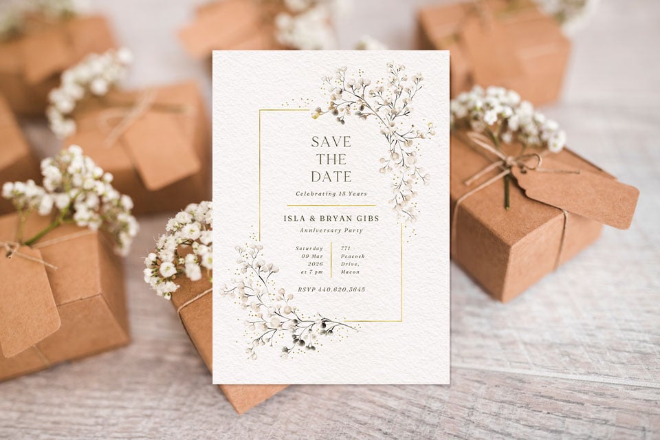wedding-anniversary-save-the-date-gift-box-invite Elegant save-the-date anniversary card with delicate floral accents, placed among small kraft gift boxes tied with twine and tiny blossoms.