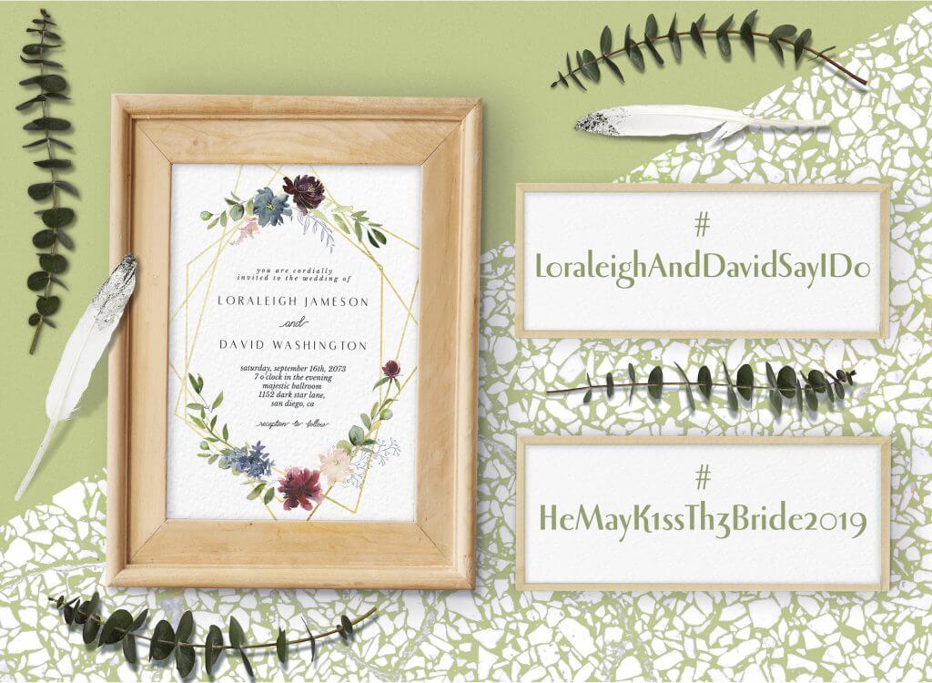 Wedding Hashtag Frame with Invitation: Geometric Gold Border and Floral Illustrations. Hashtag Ideas in Frames on Green Surface with Feathers and Branches.