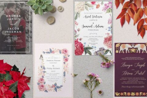 Seasonal Wedding Invitations: Four Unique Designs on Grey Surface with Matching Flowers. Blog Post: 'Everything You Need to Know about Wedding Seasons: Costs, Themes, Benefits, and More'