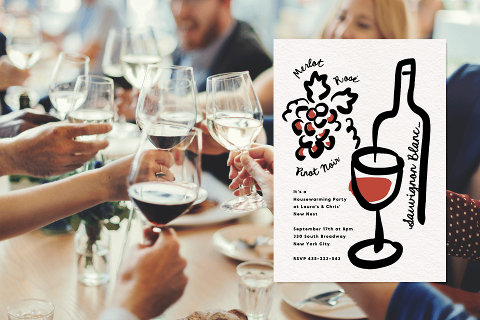 wine-and-food-invite-housewarming (1) Housewarming invitation with a wine theme, featuring guests clinking wine glasses at a dinner table beside a minimalist illustrated card showing a wine bottle, glass, grape sketch, and handwritten-style text with party details.