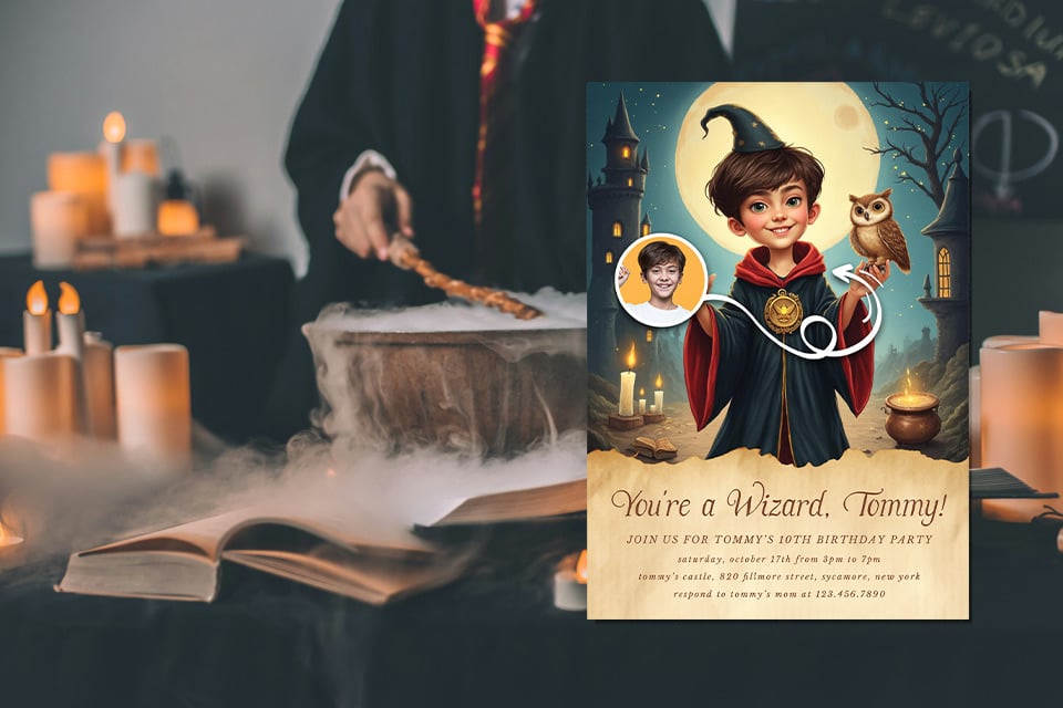 wizard-birthday-invite-magic-photo-ai Wizard-themed kids’ birthday invitation featuring a smiling boy dressed as a young wizard with a wand and owl, set against a magical castle night scene with candles and spellbook, announcing a 10th birthday party.