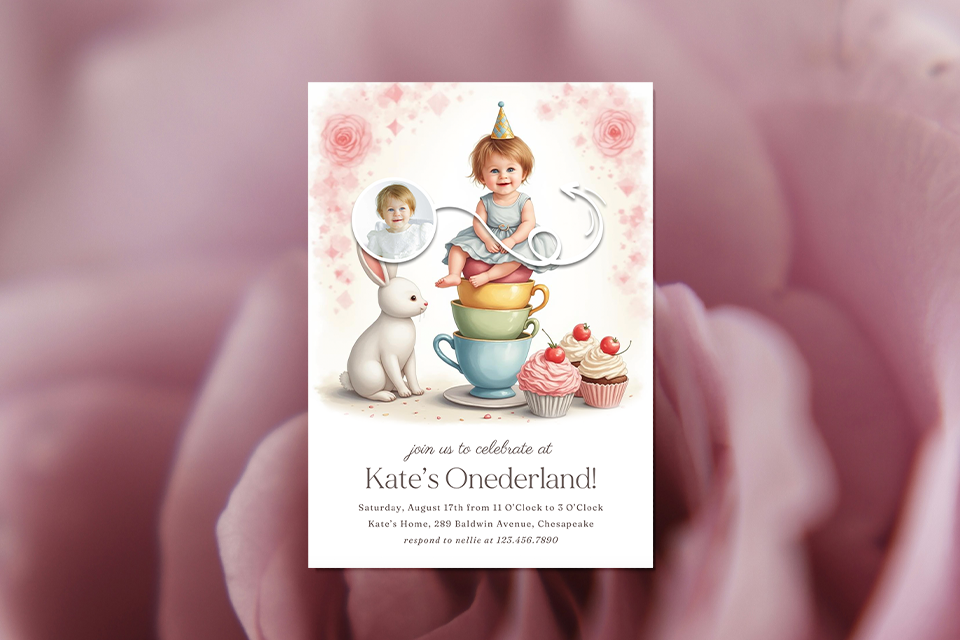 1st-birthday-invite-magic-photo-teacups Whimsical first birthday invitation featuring a toddler wearing a party hat sitting on stacked pastel teacups, with cupcakes, a white bunny, and soft pink floral accents. The design reads “Kate’s Onederland!” and includes a small circular photo inset, set against a dreamy blush background.