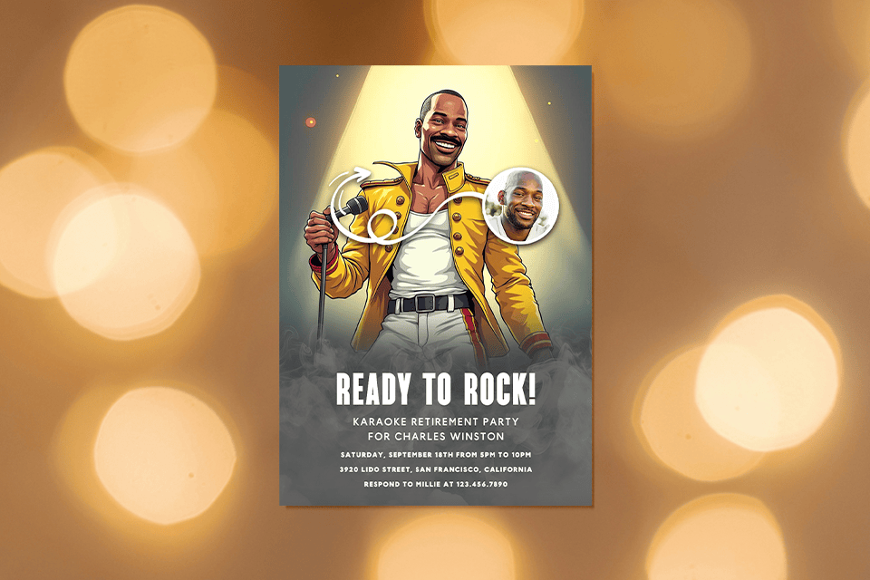 3 ready-to-rock-ai-magic-photo-retirement-invite (1) Rock-themed retirement party invitation featuring a stylized illustrated man holding a microphone on stage, spotlight lighting, and bold text reading ‘Ready to Rock!’ for a karaoke retirement celebration.