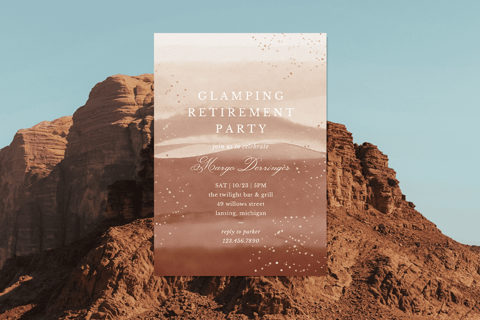 4 egypt-themed-retirement-party-desert-invite (1) Desert-inspired glamping retirement party invitation over a rocky canyon landscape, featuring warm beige and terracotta tones, soft gold confetti accents, and elegant typography announcing a retirement celebration.