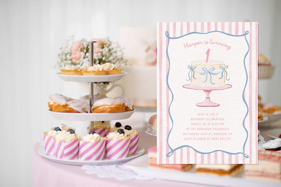 birthday-invite-1st-birthday-stripes-pink (1) Pink and white striped first birthday invitation with playful, soft pastel design, celebrating a baby’s first birthday.