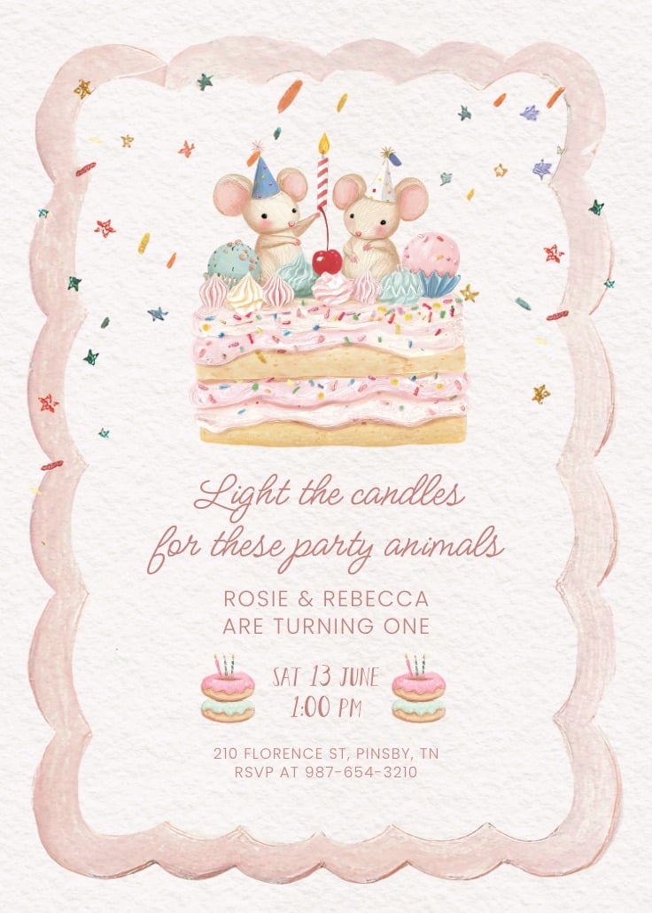Watercolor first birthday invitation featuring two cute mice wearing party hats sitting on a pink frosted cake with a candle, surrounded by confetti stars, with soft pastel borders and text announcing a joint first birthday celebration.